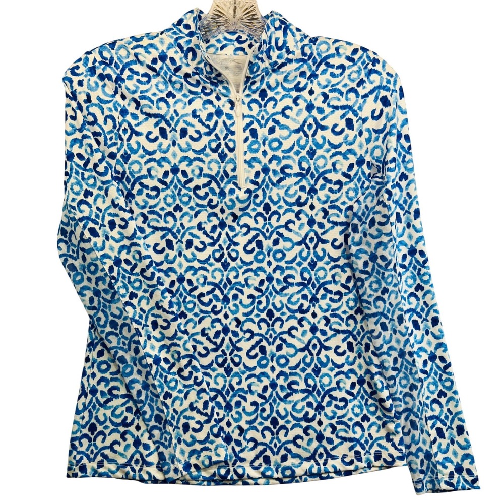 Gottex Sport Womens Blue White Ikat Damask 1/4 Zip Mesh Panel Pullover Top XS